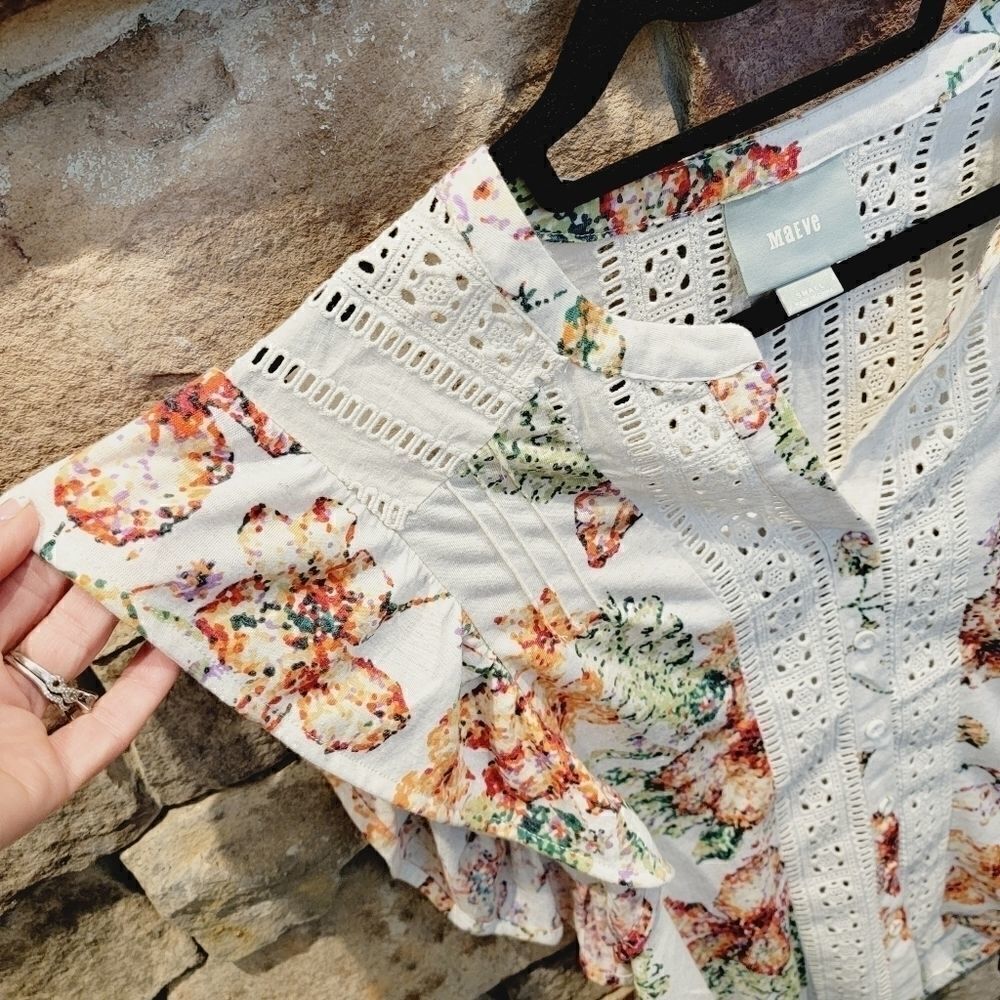 Anthropologie Maeve Flutter Sleeve Floral Lace Eyelet Button Down Top Size Small - Picture 7 of 15